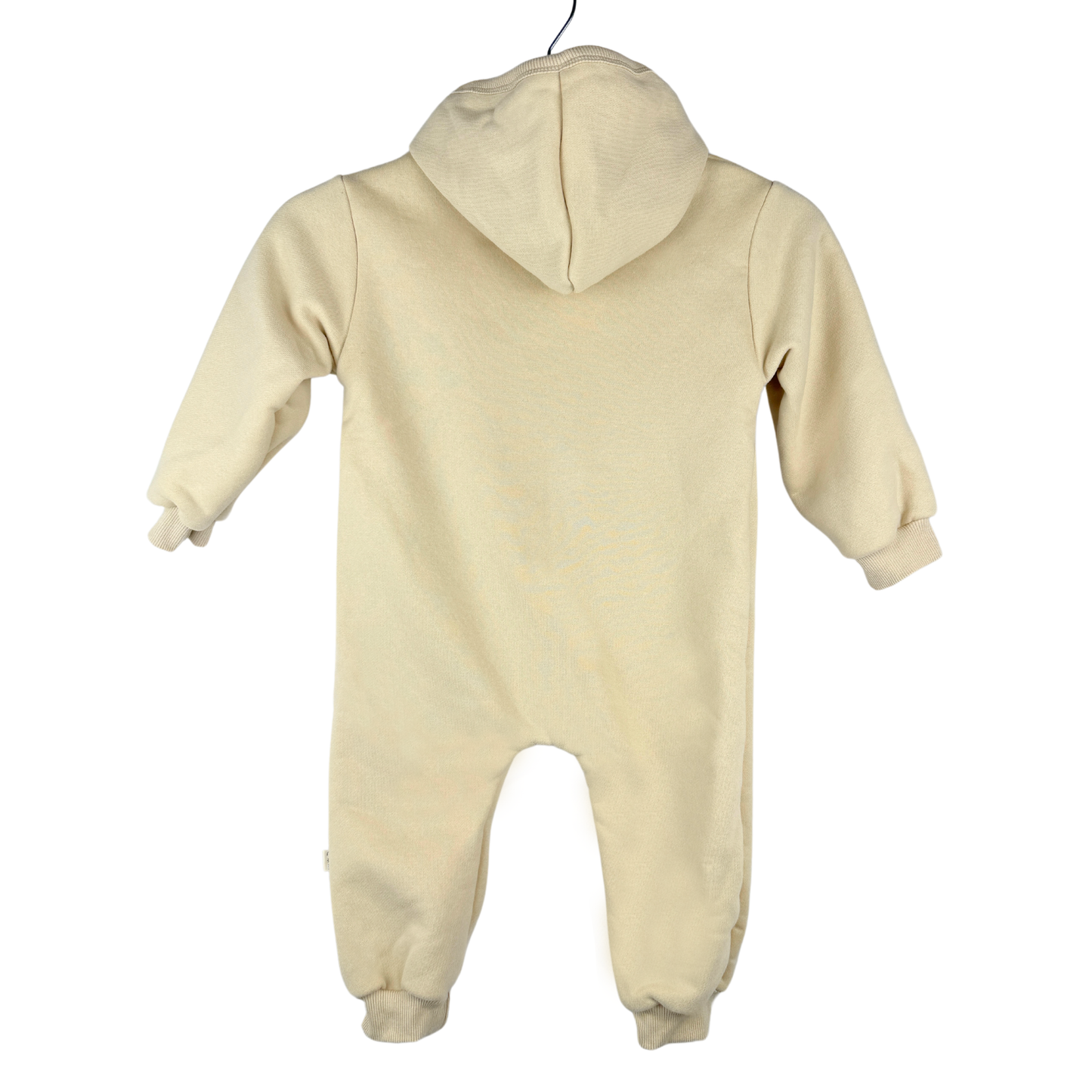 Beige hooded baby bear romper with comfortable fabric, designed for warmth and style.