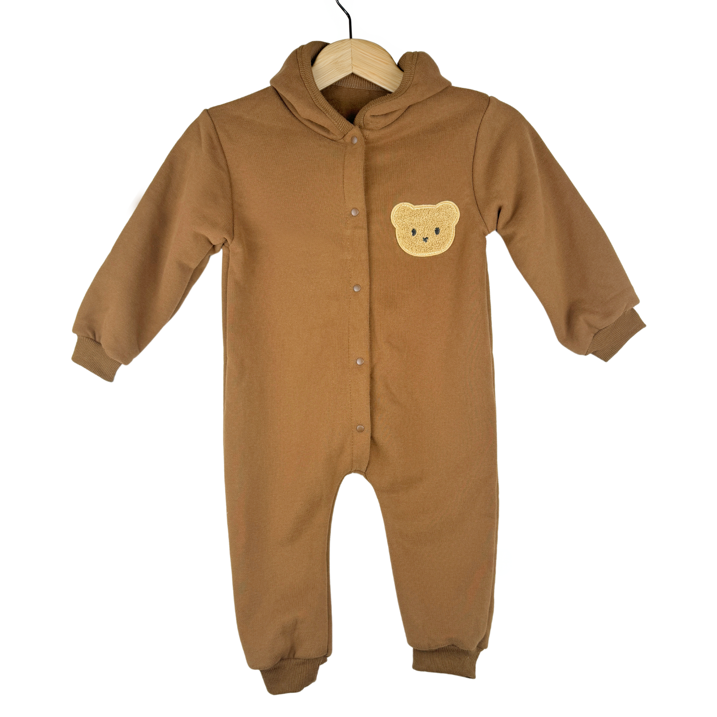 Soft brown baby romper with a cozy hood and playful bear design, ideal for casual outings or lounging.