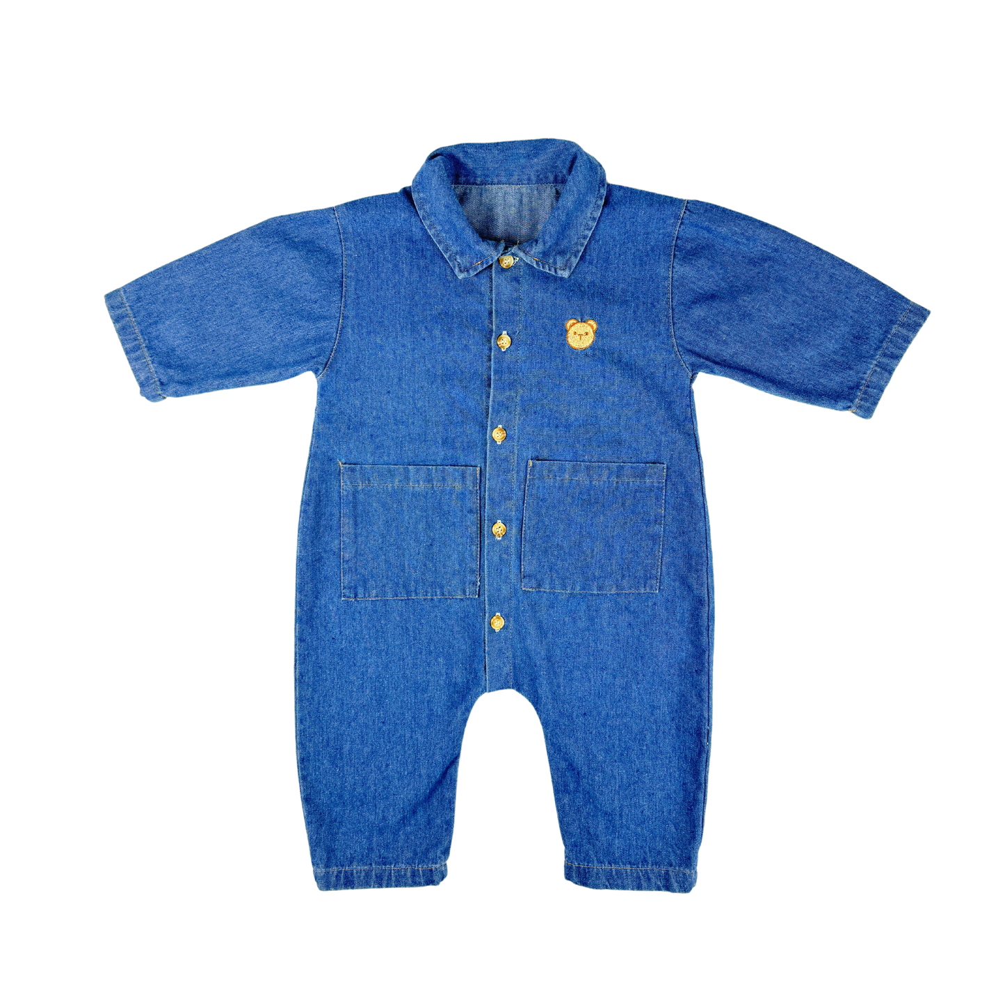 Deep blue denim baby romper with a soft, flexible design, perfect for playtime and casual outings.
