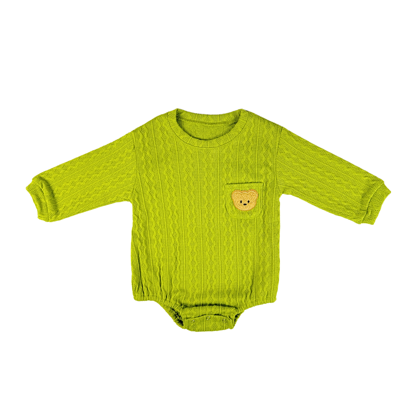 Soft green knitted baby bodysuit with a bear design, perfect for keeping your little one cozy and stylish.