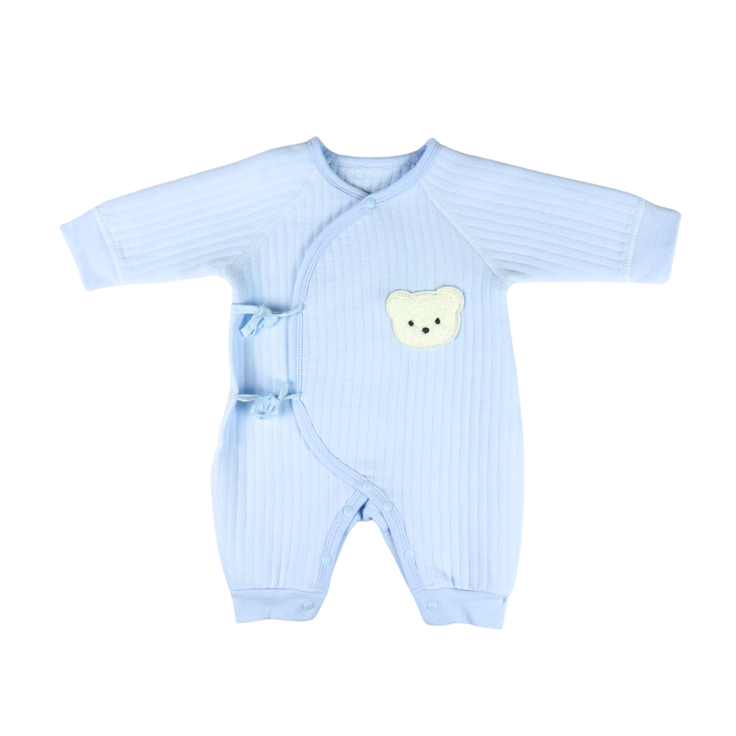 Cozy baby bear romper in light blue with a wrap closure, perfect for colder weather.