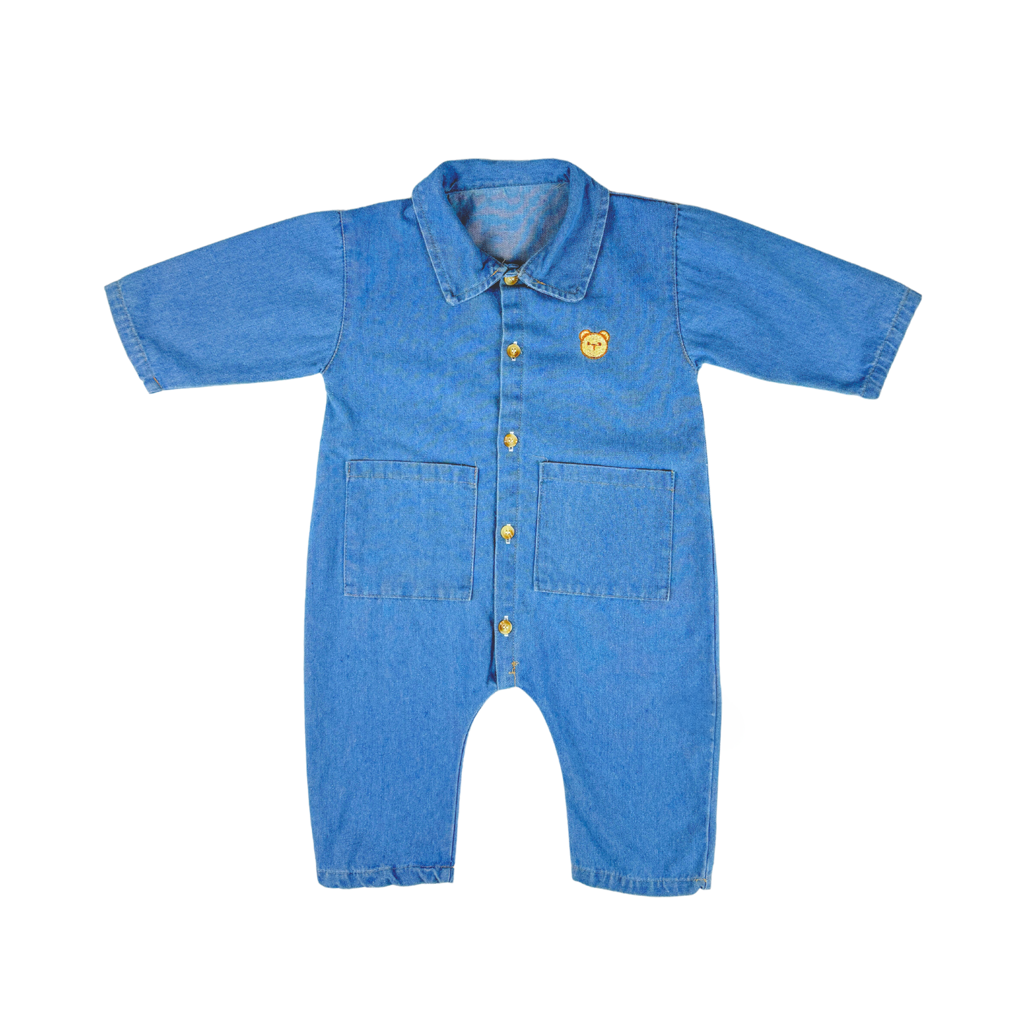 Baby denim romper in light blue, featuring durable fabric and a comfortable fit for all-day wear