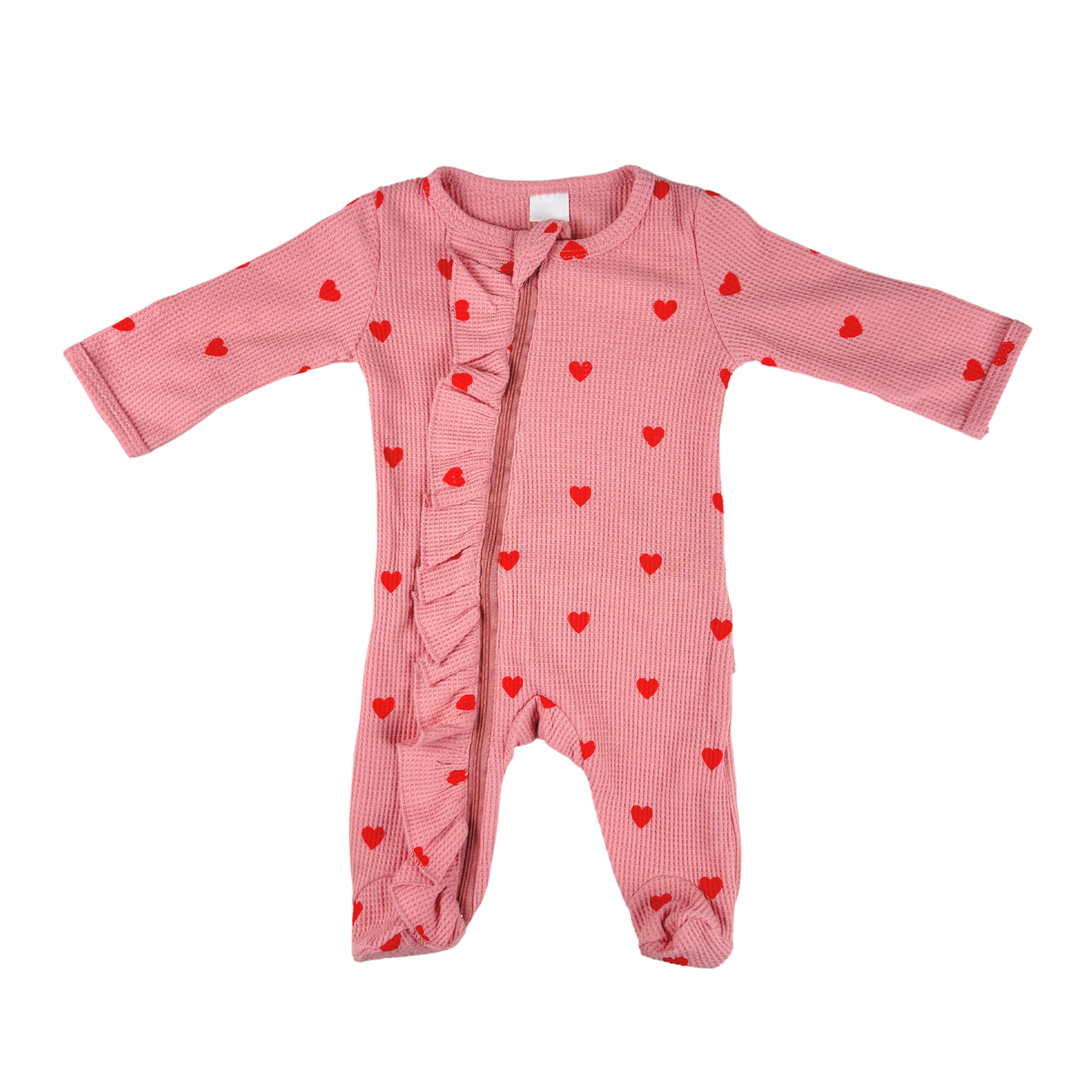 Adorable Pink baby girl romper with love heart print, soft fabric, and zip closure for easy dressing.