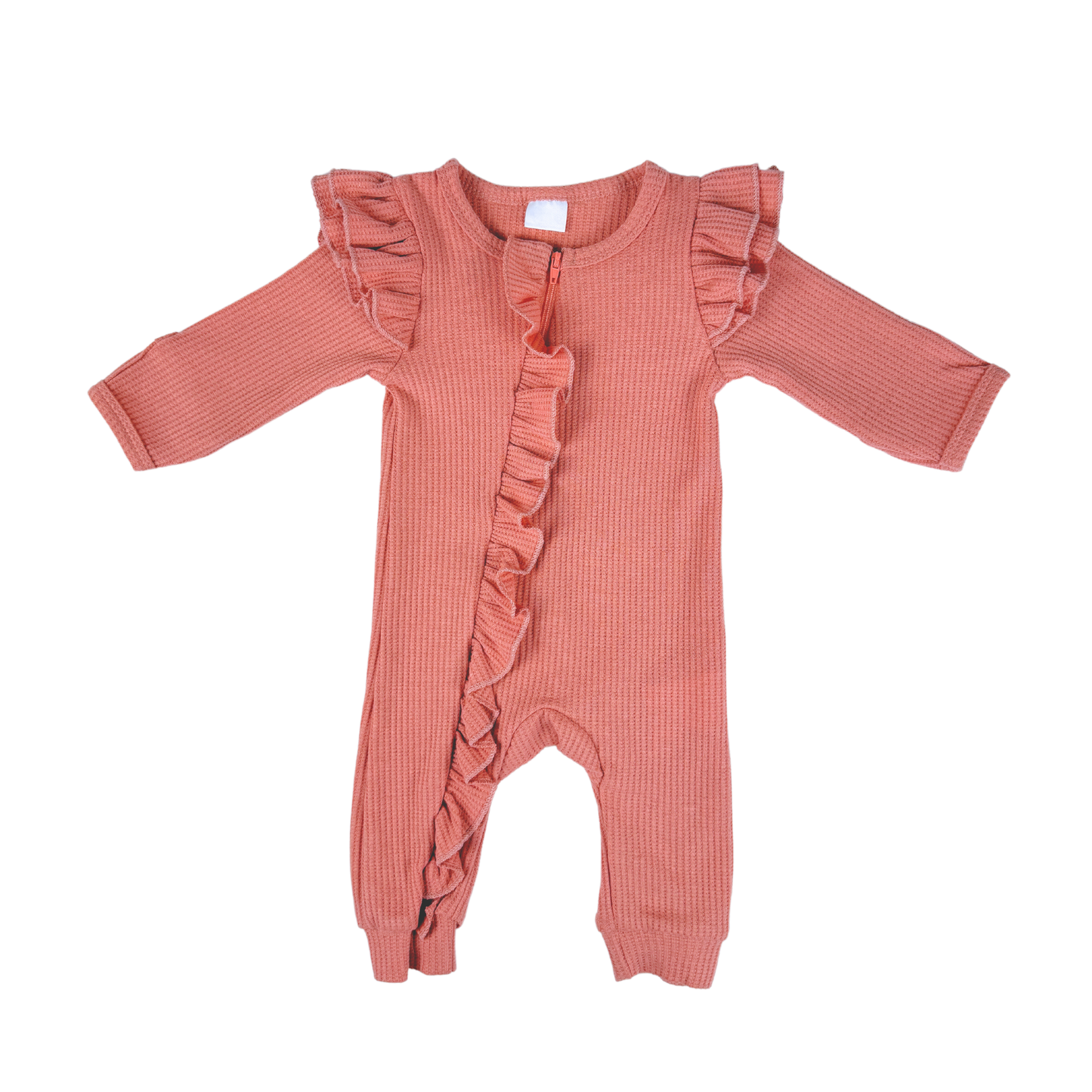 Pink baby girl romper with ribbed frill details and zip closure, designed for comfort and elegance.